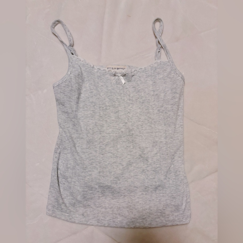 Light Gray Ribbed Lace-Trim Cami Tank Top